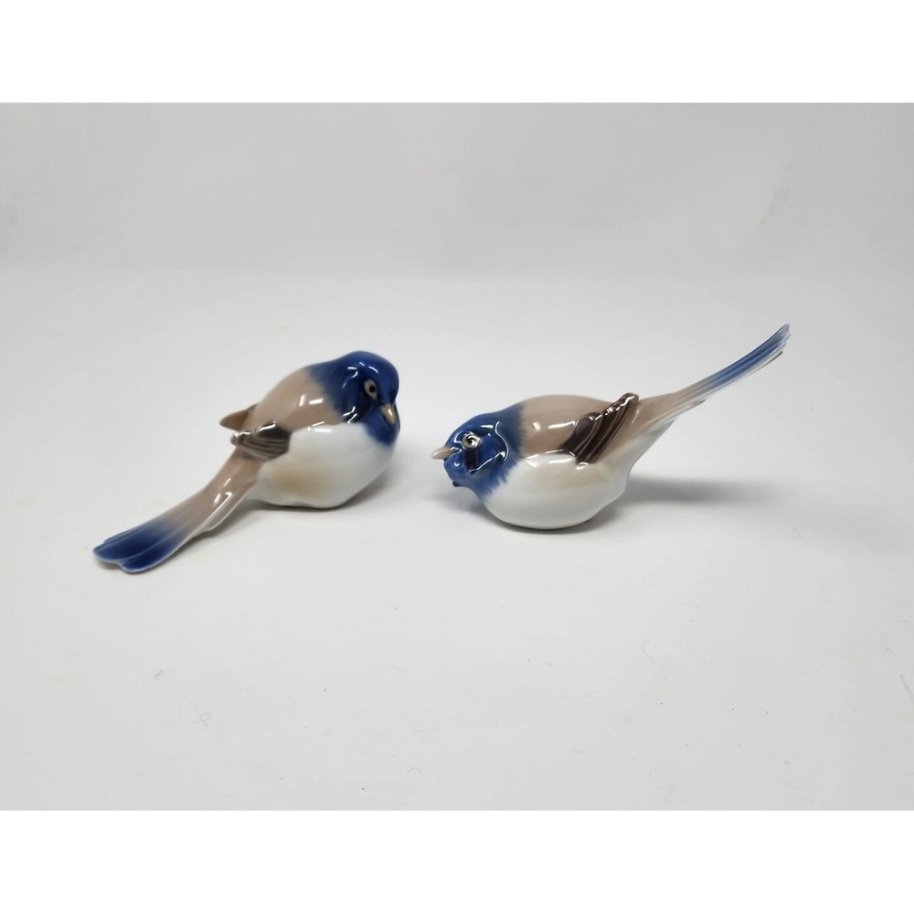 Hand-Painted Ceramic Bird Figurine Pair in Blue and Tan